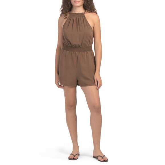 BELLA DAHL coconut Made In Usa Smocked Halter Romper